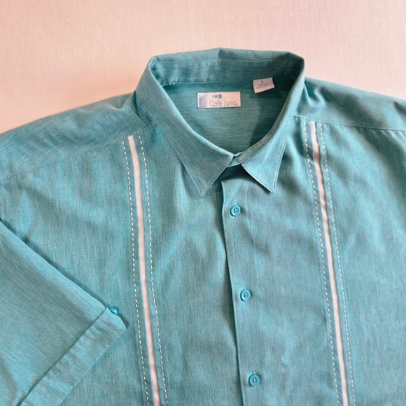 Cafe Luna Mens Large Button Down Shirt Short Sleeve Aqua Blue Guayabera Relaxed - Picture 1 of 9